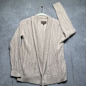 Overland‎ Men's Beige Cable Knit Open Front Fisherman Cardigan Sweater Small